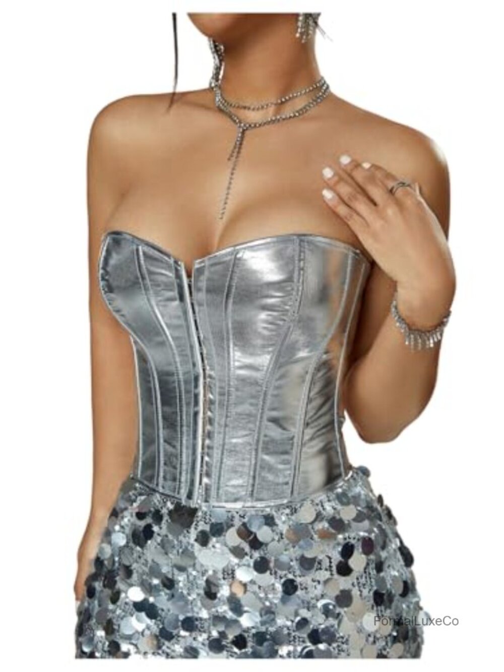 Floerns Strapless Lace Up Back Corset Metallic Tube Top Y2k Bandeau